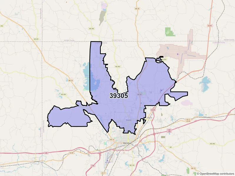 Map of ZIP Code 39305 — Meridian, MS