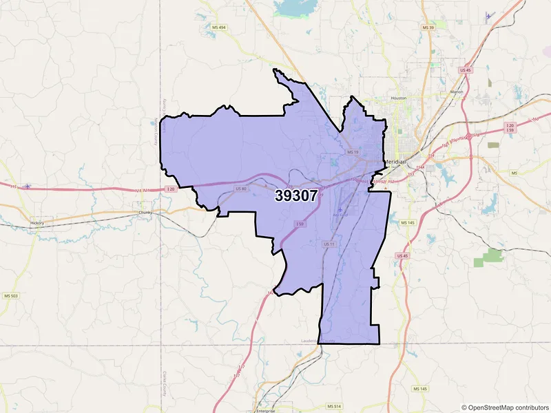 Map of ZIP Code 39307 — Meridian, MS
