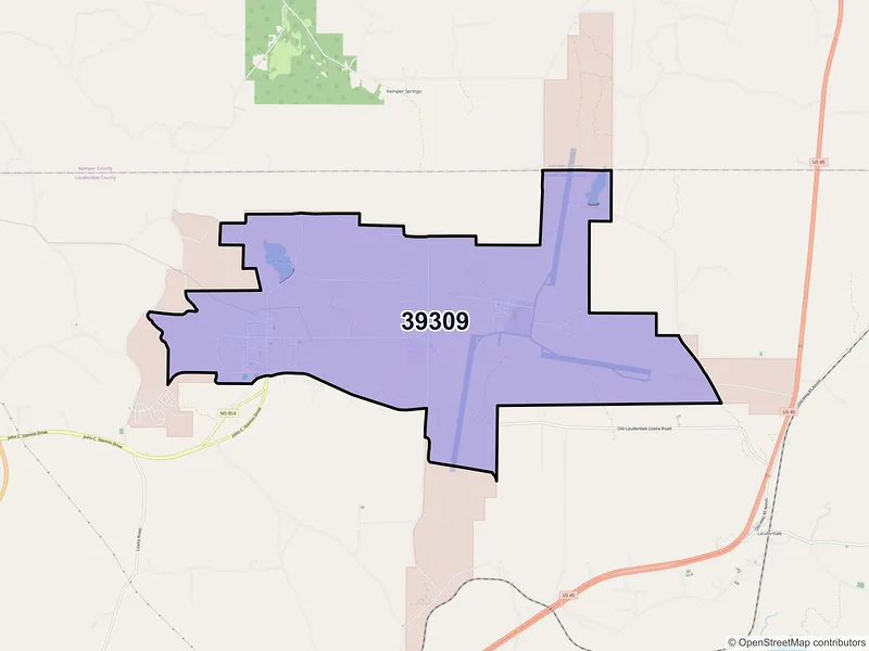 Map of ZIP Code 39309 — Meridian, MS