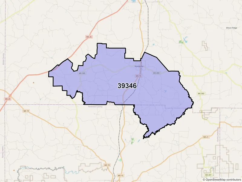 Map of Noxapater, Mississippi and ZIP codes