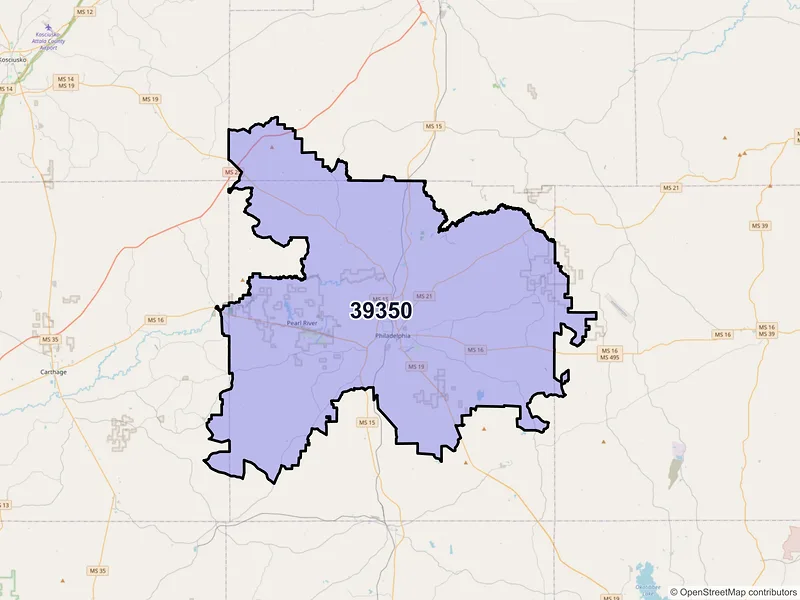 Map of Philadelphia, Mississippi and ZIP codes