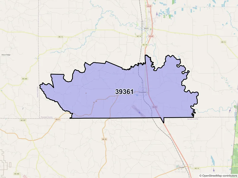 Map of ZIP Code 39361 — Shuqualak, MS