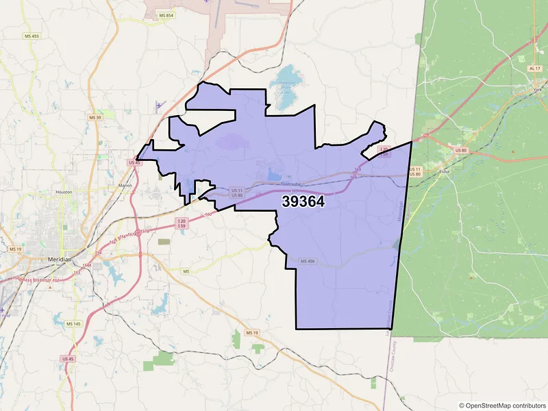Map of ZIP Code 39364 — Toomsuba, MS