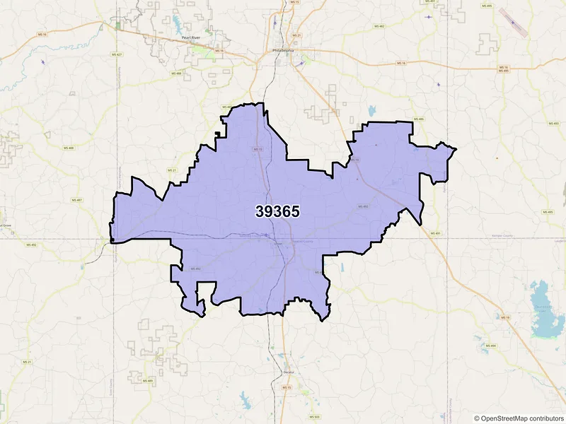 Map of ZIP Code 39365 — Union, MS