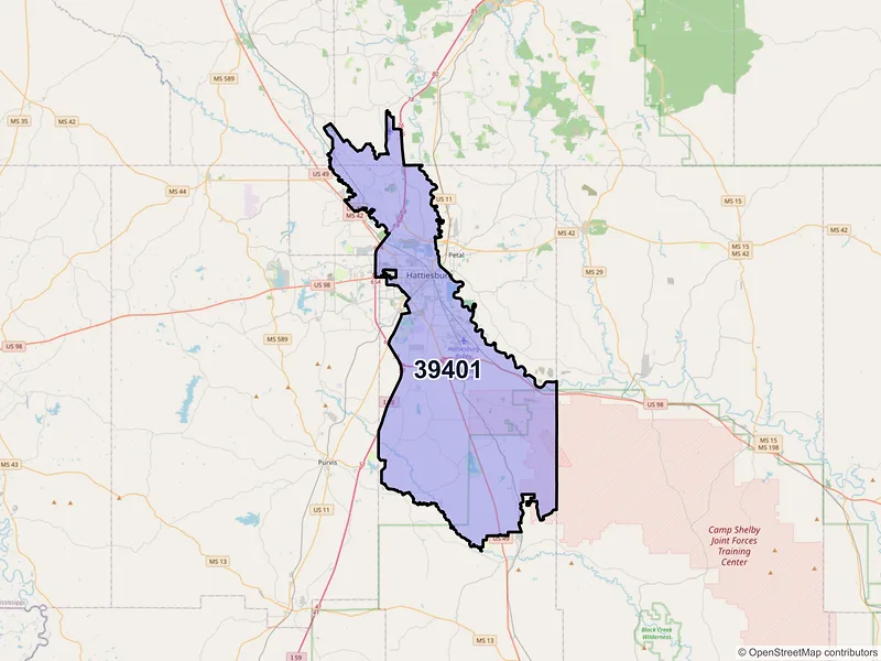 Map of ZIP Code 39401 — Hattiesburg, MS