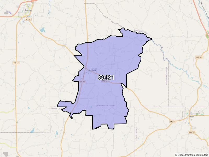 Map of ZIP Code 39421 — Bassfield, MS