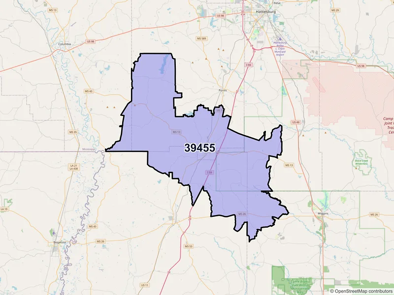 Map of Lumberton, Mississippi and ZIP codes