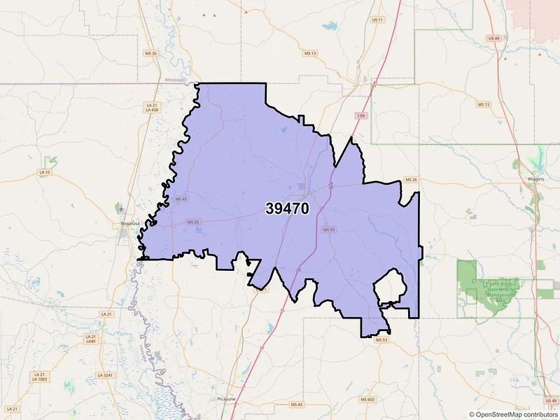 Map of ZIP Code 39470 — Poplarville, MS