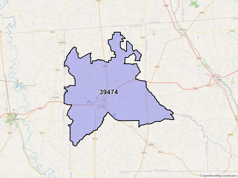 Map of ZIP Code 39474 — Prentiss, MS