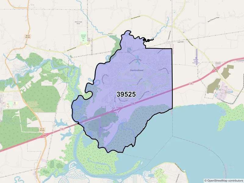 Map of ZIP Code 39525 — Diamondhead, MS