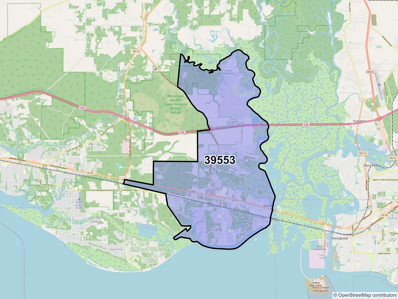 Map of ZIP Code 39553 — Gautier, MS