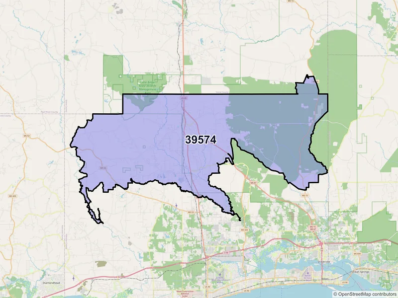 Map of ZIP Code 39574 — Saucier, MS