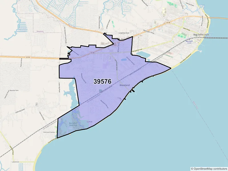 Map of ZIP Code 39576 — Waveland, MS