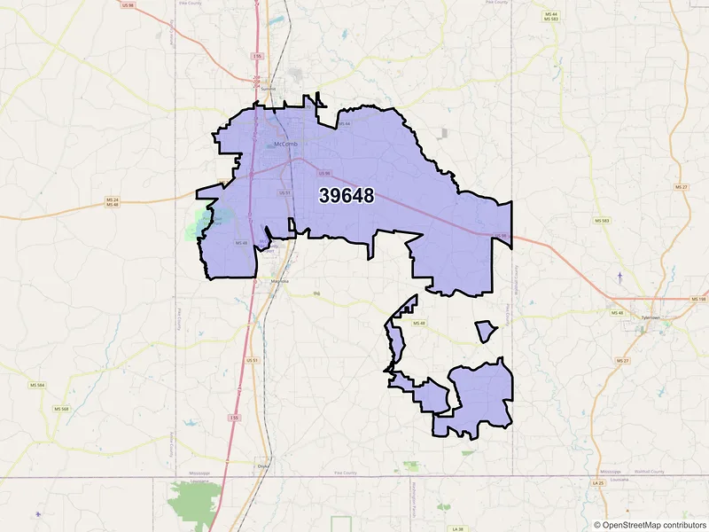 Map of ZIP Code 39648 — Mccomb, MS