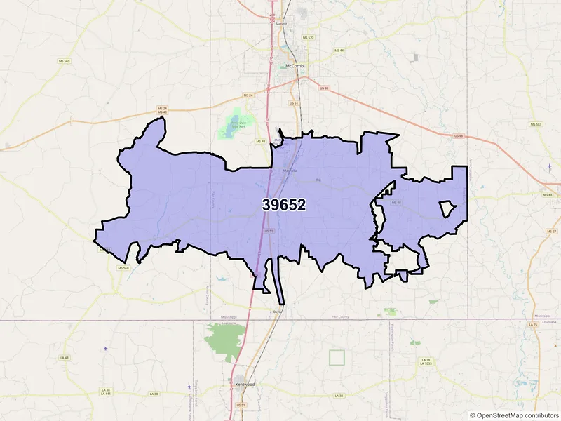Map of ZIP Code 39652 — Magnolia, MS