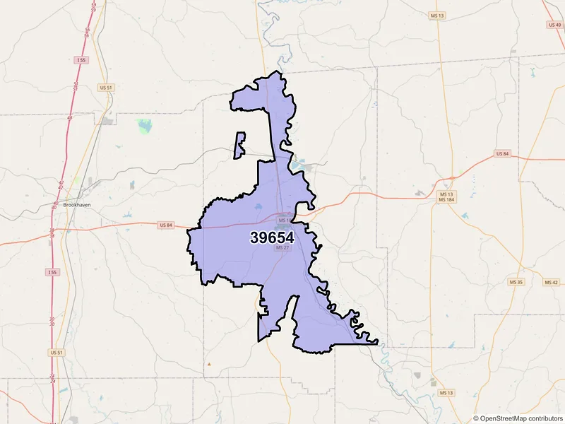 Map of Monticello, Mississippi and ZIP codes