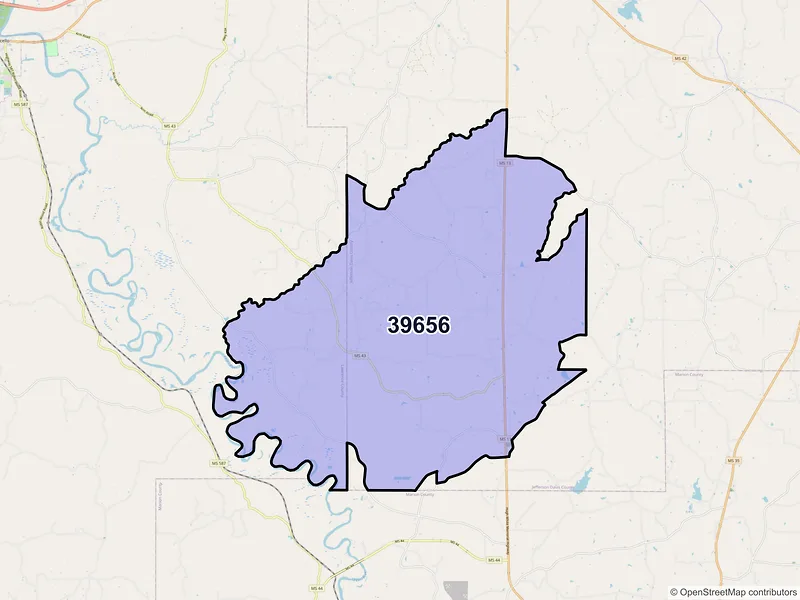 Map of ZIP Code 39656 — Oak Vale, MS