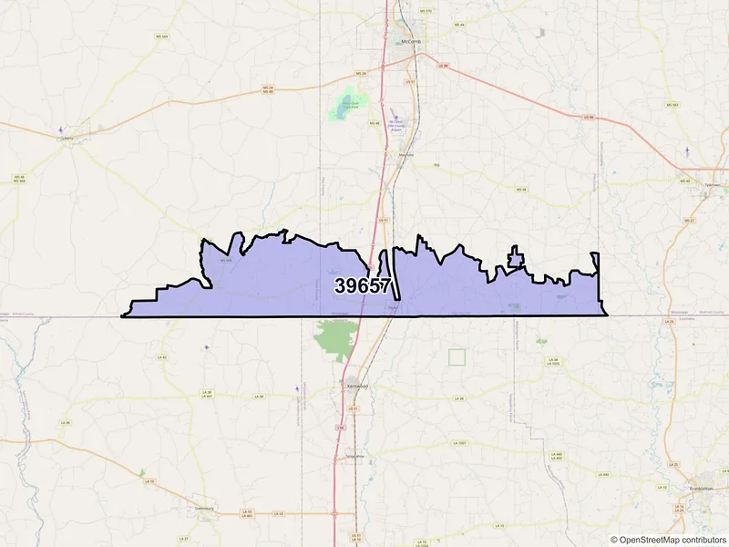 Map of ZIP Code 39657 — Osyka, MS