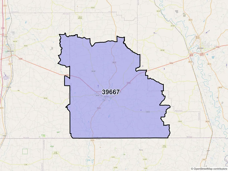 Map of ZIP Code 39667 — Tylertown, MS