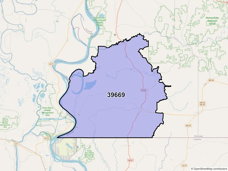 Map of ZIP Code 39669 — Woodville, MS