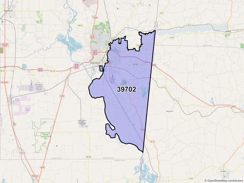 Map of ZIP Code 39702 — Columbus, MS