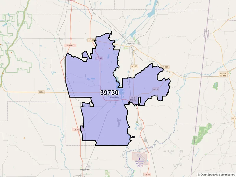 Map of ZIP Code 39730 — Aberdeen, MS