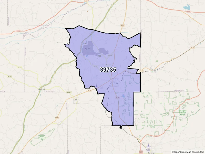 Map of ZIP Code 39735 — Ackerman, MS