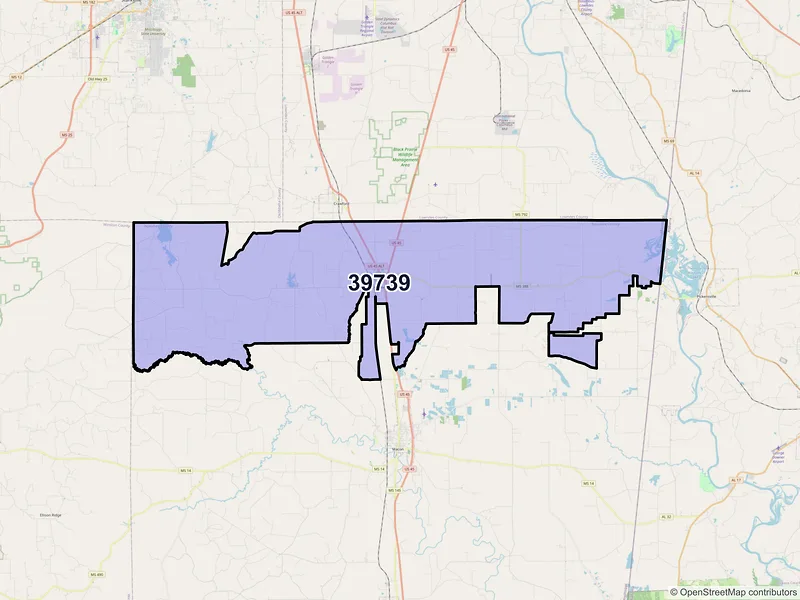 Map of ZIP Code 39739 — Brooksville, MS