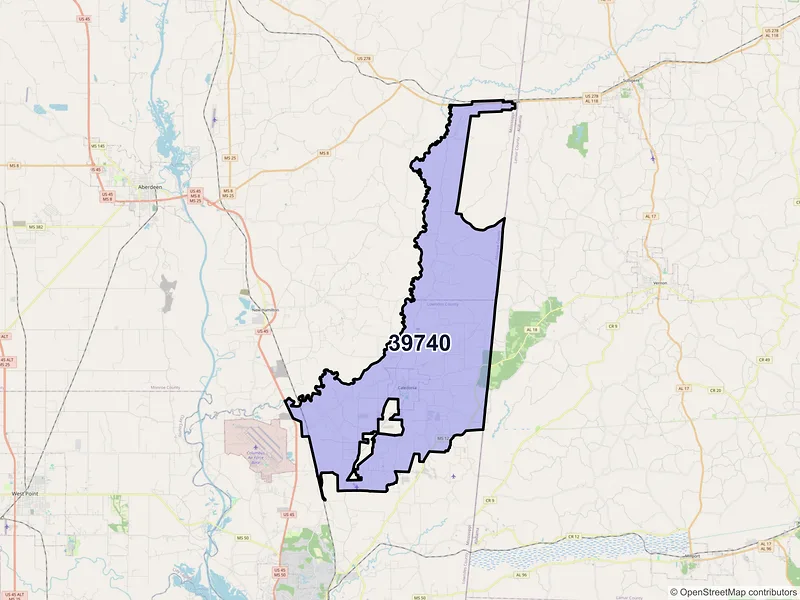 Map of ZIP Code 39740 — Caledonia, MS