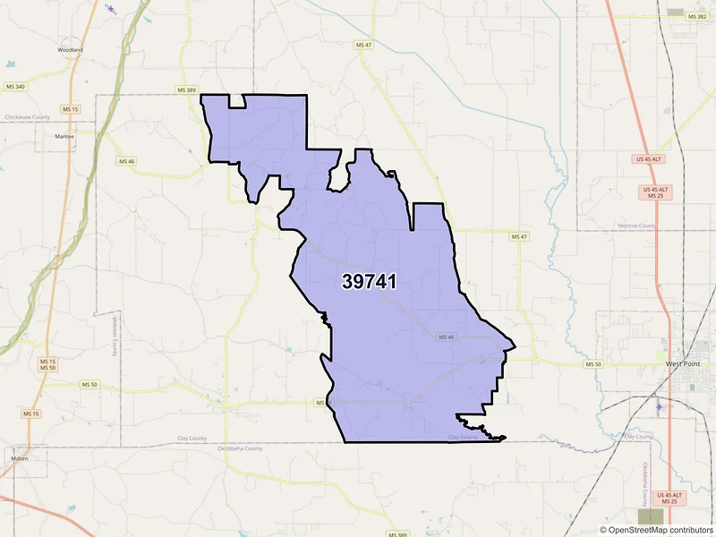 Map of ZIP Code 39741 — Cedarbluff, MS