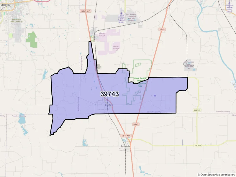 Map of ZIP Code 39743 — Crawford, MS