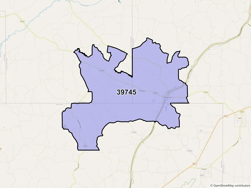 Map of ZIP Code 39745 — French Camp, MS