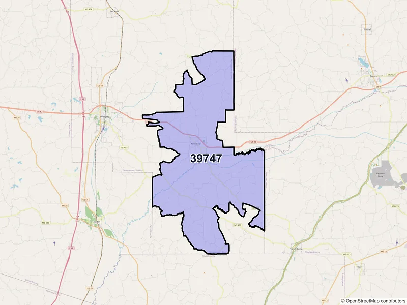 Map of ZIP Code 39747 — Kilmichael, MS