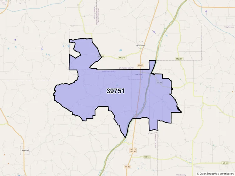 Map of ZIP Code 39751 — Mantee, MS