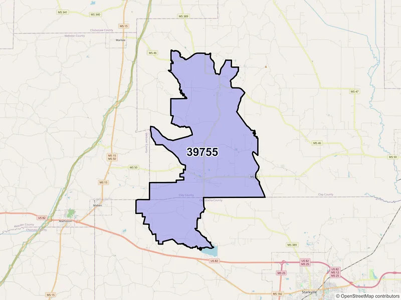 Map of ZIP Code 39755 — Pheba, MS