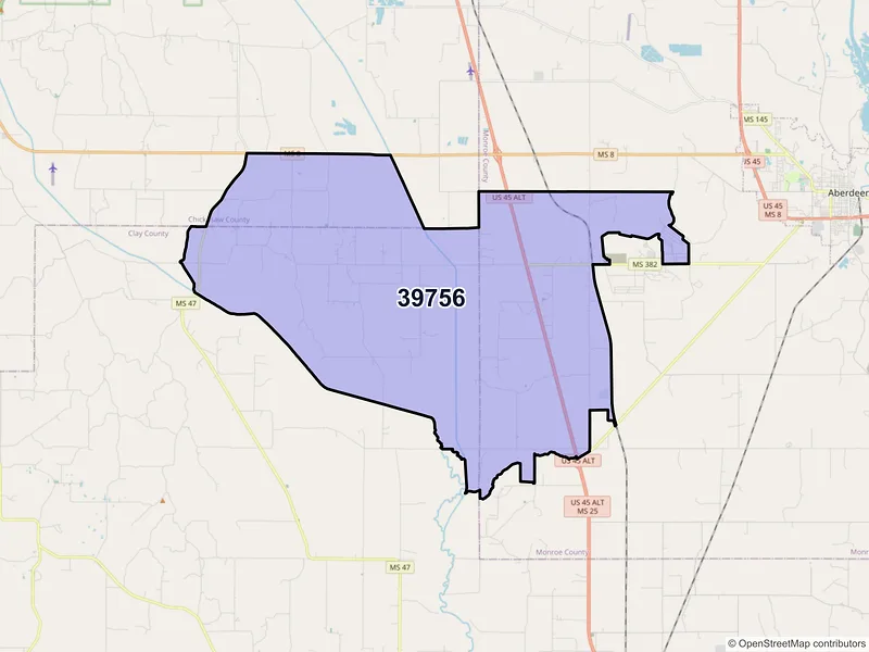 Map of ZIP Code 39756 — Prairie, MS