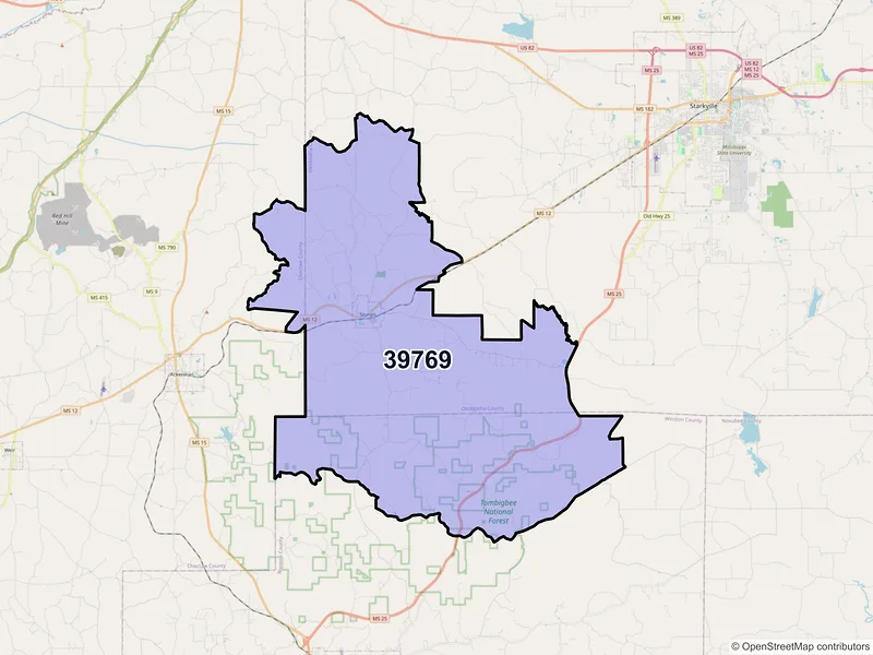 Map of ZIP Code 39769 — Sturgis, MS