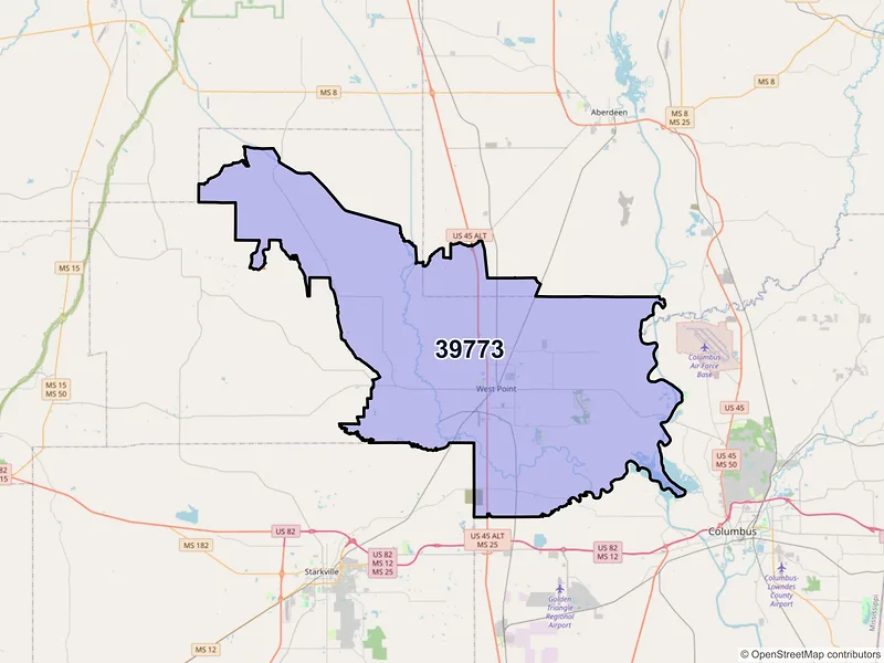 Map of ZIP Code 39773 — West Point, MS