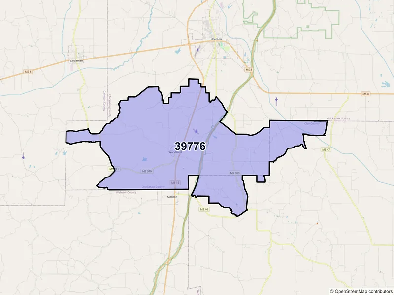 Map of ZIP Code 39776 — Woodland, MS