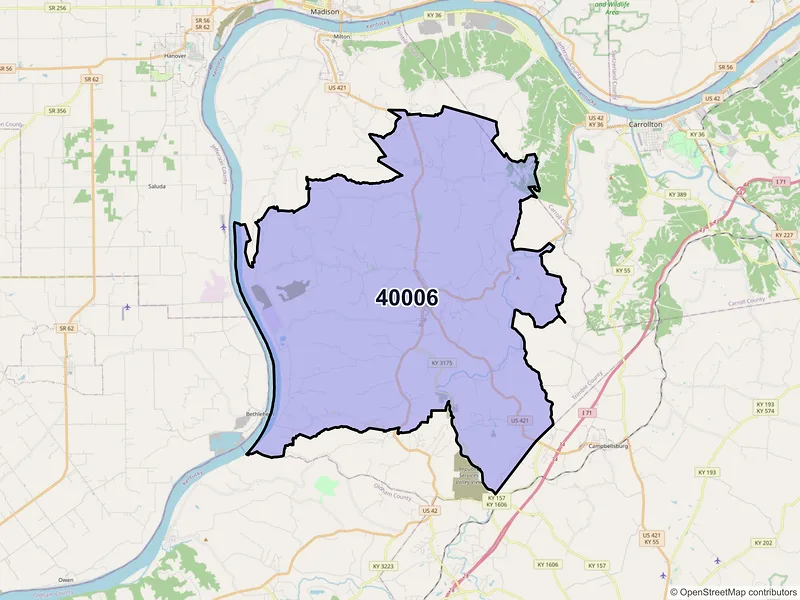 Map of ZIP Code 40006 — Bedford, KY