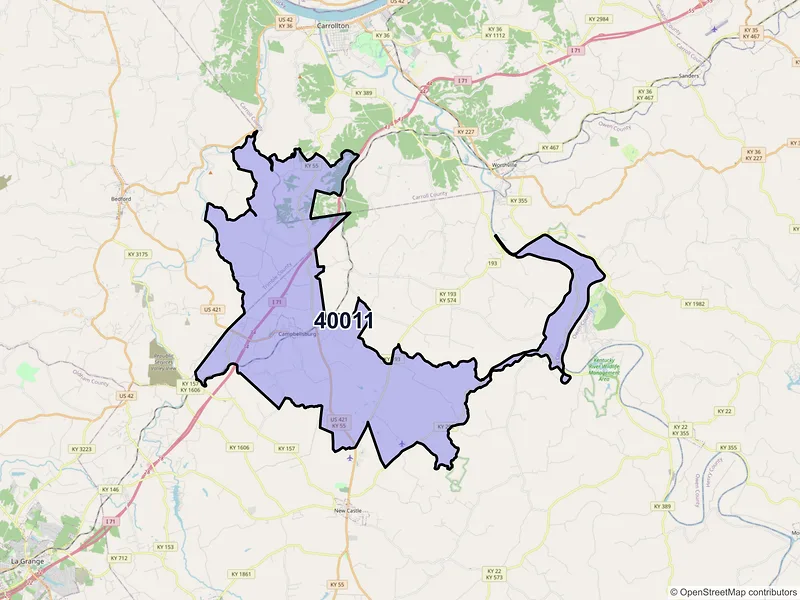 Map of ZIP Code 40011 — Campbellsburg, KY
