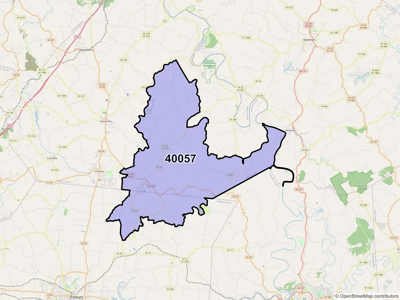 Map of ZIP Code 40057 — Pleasureville, KY
