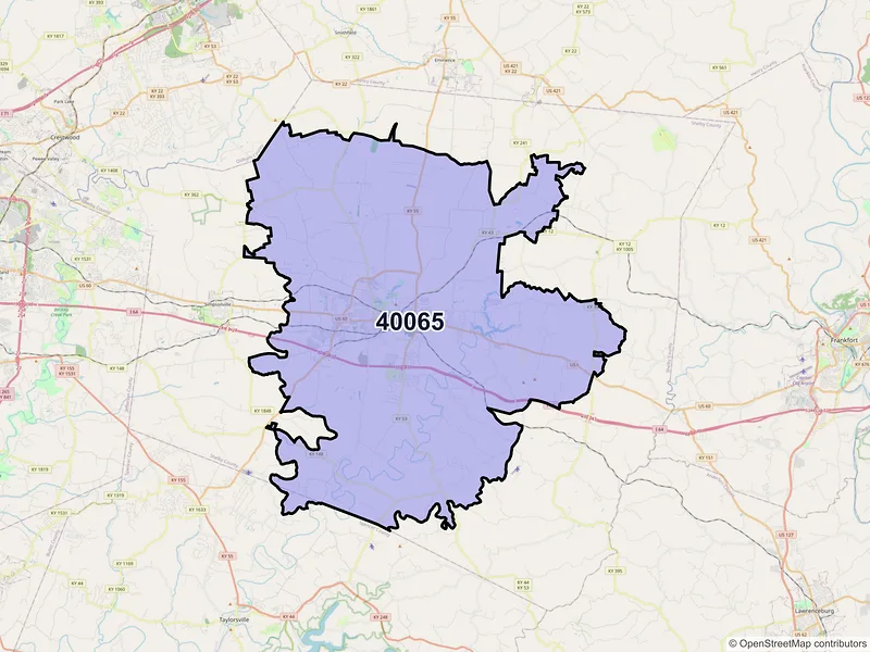 Map of ZIP Code 40065 — Shelbyville, KY