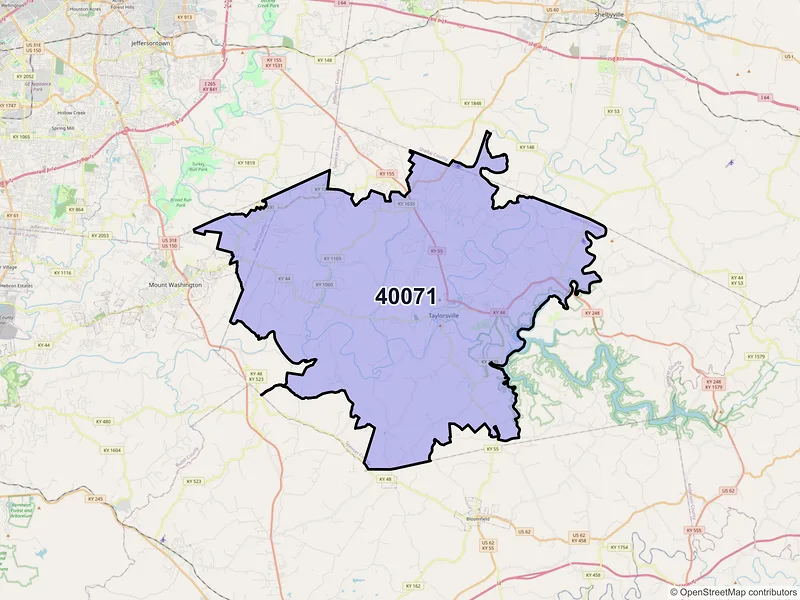 Map of Taylorsville, Kentucky and ZIP codes