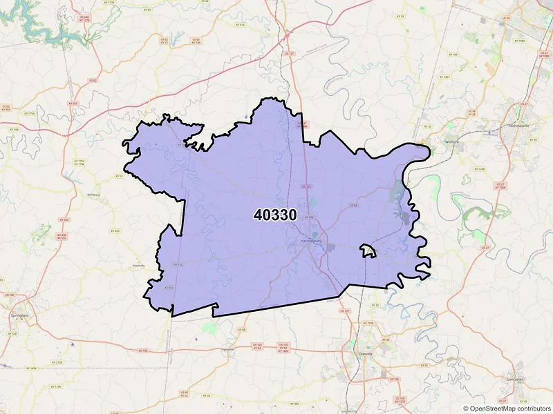 Map of Harrodsburg, Kentucky and ZIP codes