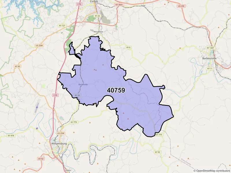 Map of ZIP Code 40759 — Rockholds, KY