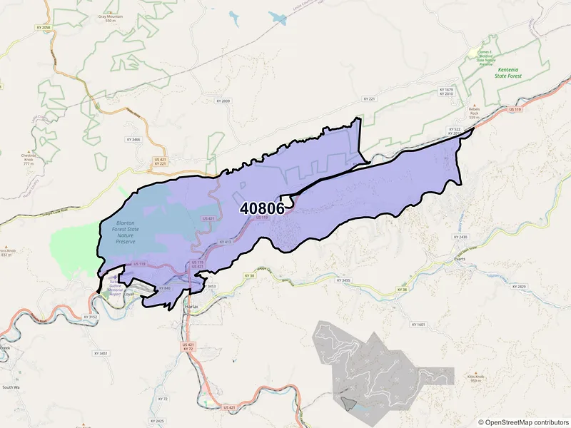 Map of ZIP Code 40806 — Baxter, KY