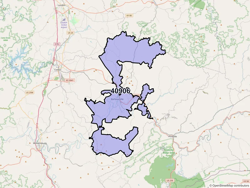 Map of ZIP Code 40906 — Barbourville, KY