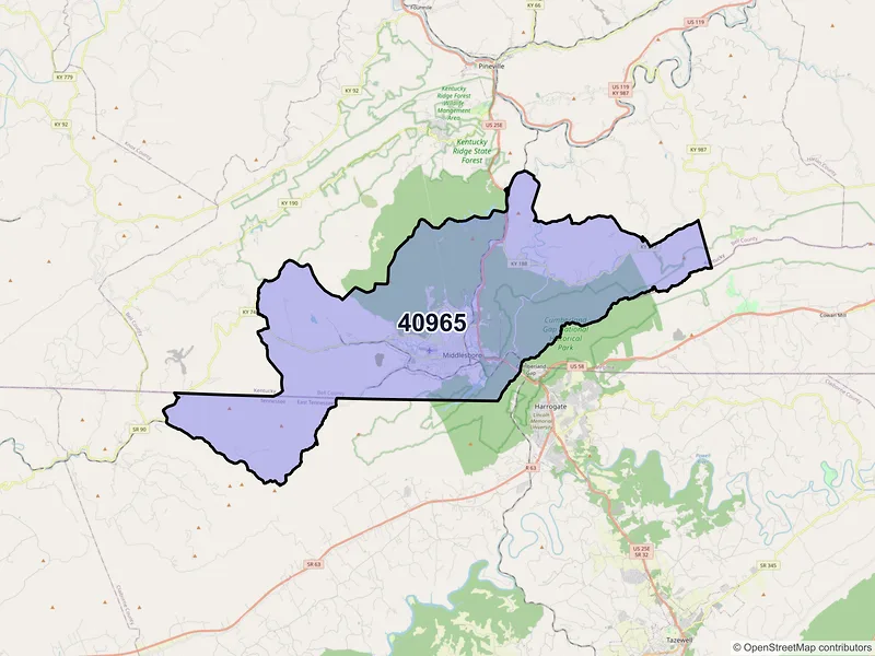 Map of ZIP Code 40965 — Middlesboro, KY
