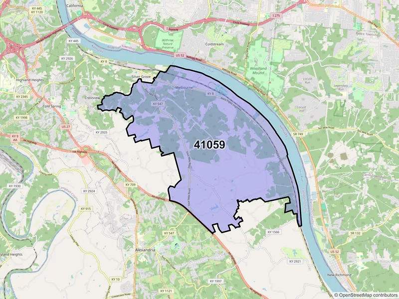 Map of ZIP Code 41059 — Melbourne, KY